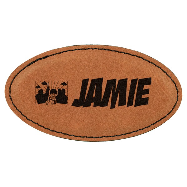 Custom Superhero in the City Leatherette Oval Name Badge with Magnet (Personalized)