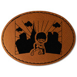 Superhero in the City Faux Leather Iron On Patch - Oval