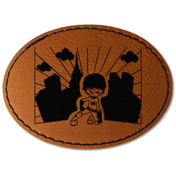 Superhero in the City Faux Leather Iron On Patch - Oval