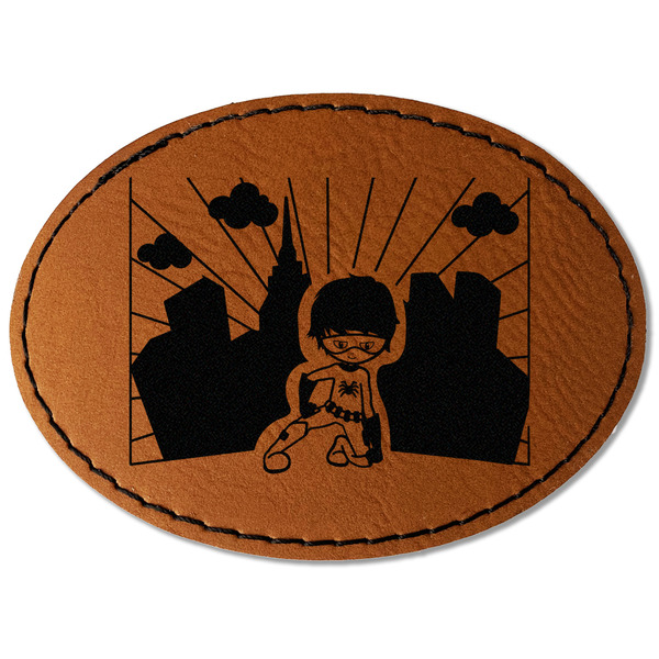 Custom Superhero in the City Faux Leather Iron On Patch - Oval