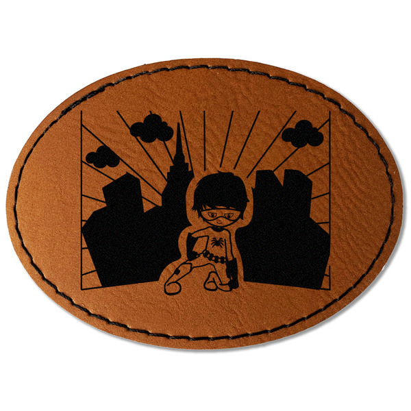 Superhero in the City Leatherette Patches - Oval