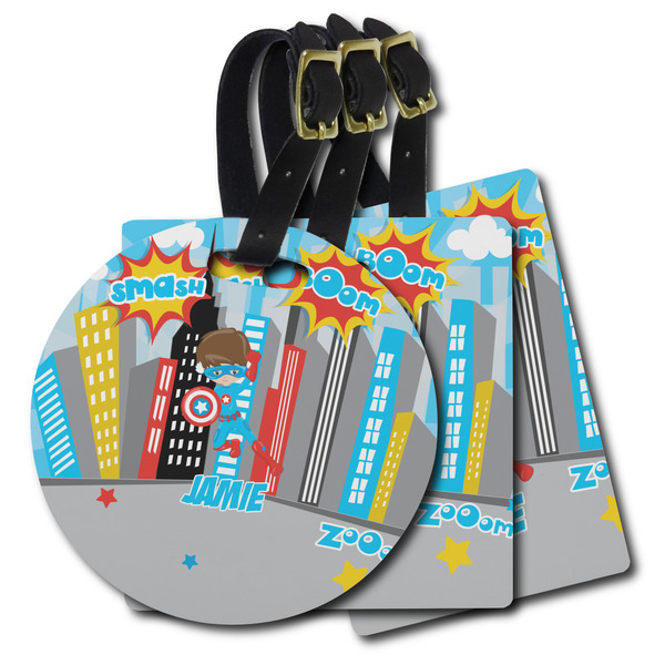 Custom Superhero in the City Plastic Luggage Tag (Personalized)