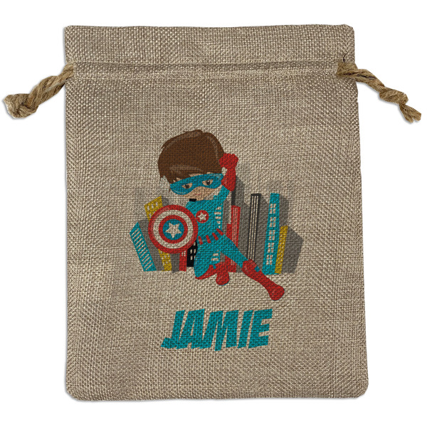 Custom Superhero in the City Medium Burlap Gift Bag - Front (Personalized)