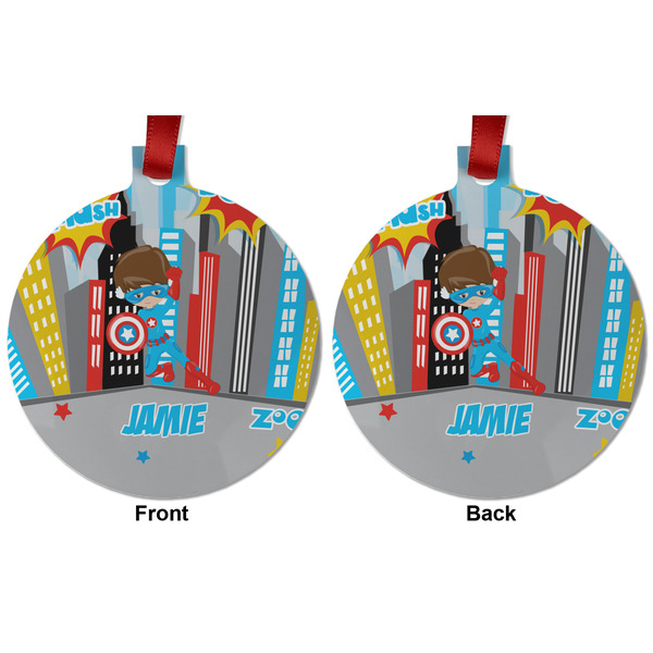 Superhero in the City Metal Ball Ornament - Front and Back