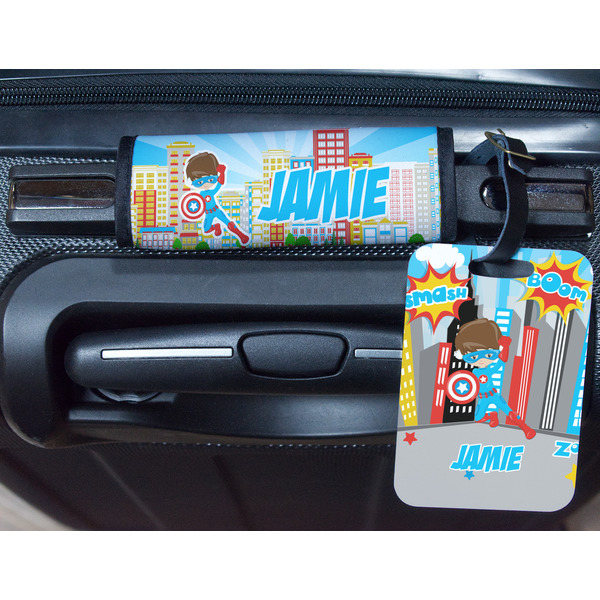 Superhero in the City Metal Luggage Tag & Handle Wrap - In Context