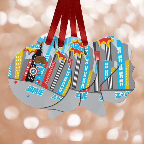 Custom Superhero in the City Metal Ornaments - Double Sided w/ Name or Text