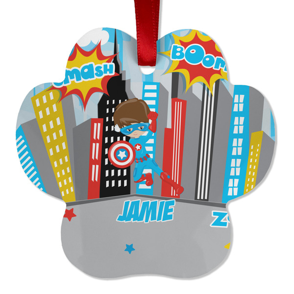 Custom Superhero in the City Metal Paw Ornament - Double Sided w/ Name or Text