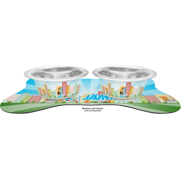 Superhero in the City Metal Pet Bowls - On Dog Bone Shaped Mat