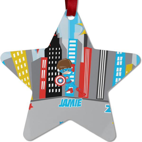 Custom Superhero in the City Metal Star Ornament - Double Sided w/ Name or Text