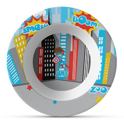 Superhero in the City Plastic Bowl - Microwave Safe - Composite Polymer (Personalized)