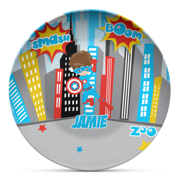 Custom Superhero in the City Microwave Safe Plastic Plate - Composite Polymer (Personalized)