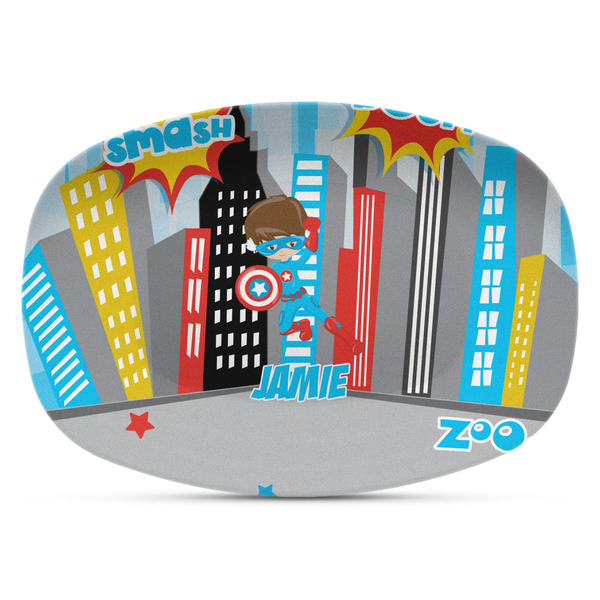 Custom Superhero in the City Plastic Platter - Microwave & Oven Safe Composite Polymer (Personalized)