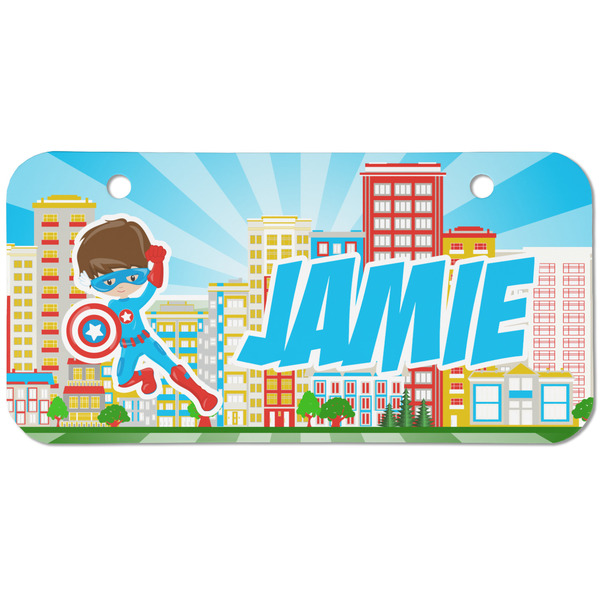 Custom Superhero in the City Mini/Bicycle License Plate (2 Holes) (Personalized)