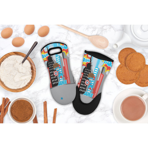Superhero in the City Neoprene Oven Mitt - Lifestyle Image