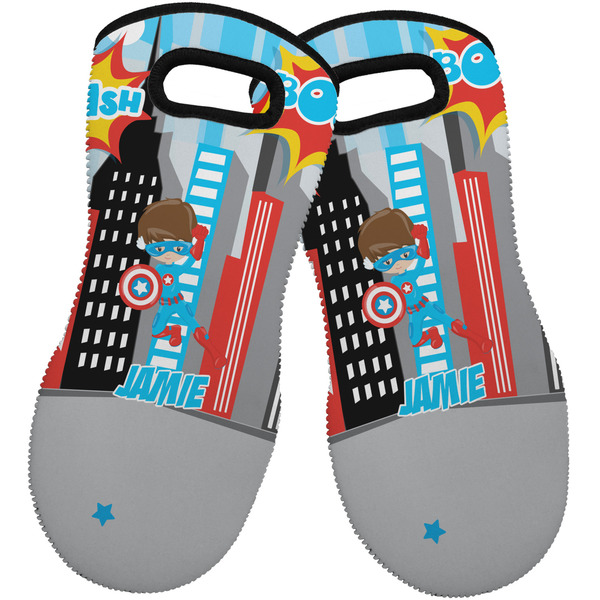 Custom Superhero in the City Neoprene Oven Mitts - Set of 2 w/ Name or Text