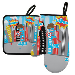 Superhero in the City Left Oven Mitt & Pot Holder Set w/ Name or Text