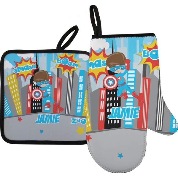 Custom Superhero in the City Oven Mitt & Pot Holder Set w/ Name or Text