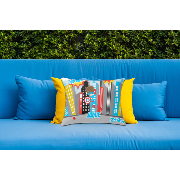 Superhero in the City Outdoor Throw Pillow  - LIFESTYLE (Rectangular - 20x14)