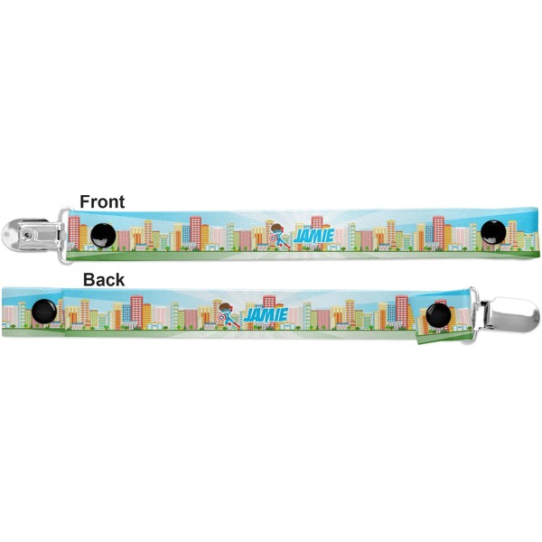Superhero in the City Pacifier Clip - Front and Back