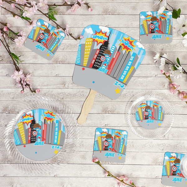 Superhero in the City Party Supplies Combination Image - All items - Plates, Coasters, Fans