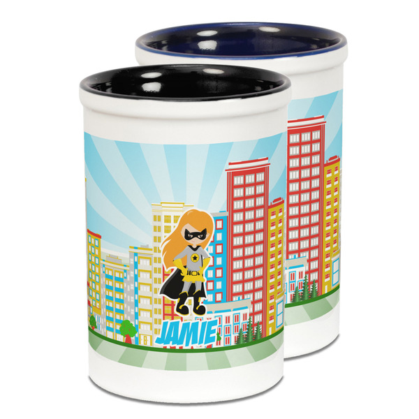 Custom Superhero in the City Ceramic Pencil Holder - Large