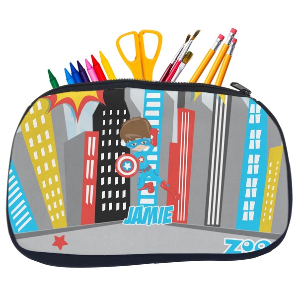 Custom Superhero in the City Neoprene Pencil Case - Medium w/ Name or Text