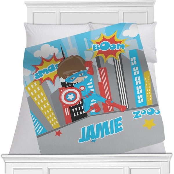 Custom Superhero in the City Minky Blanket - Twin / Full - 80"x60" - Double Sided (Personalized)