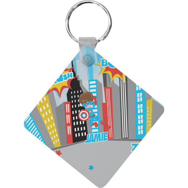 Custom Superhero in the City Diamond Plastic Keychain w/ Name or Text