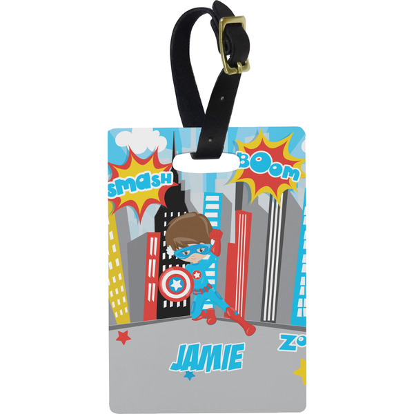 Custom Superhero in the City Plastic Luggage Tag - Rectangular w/ Name or Text