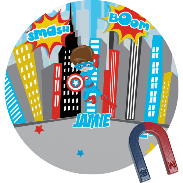 Custom Superhero in the City Round Fridge Magnet (Personalized)