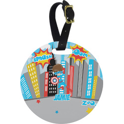 Superhero in the City Plastic Luggage Tag - Round (Personalized)