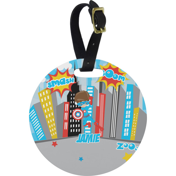 Custom Superhero in the City Plastic Luggage Tag - Round (Personalized)