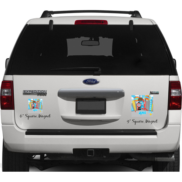 Superhero in the City Personalized Square Car Magnets on Ford Explorer