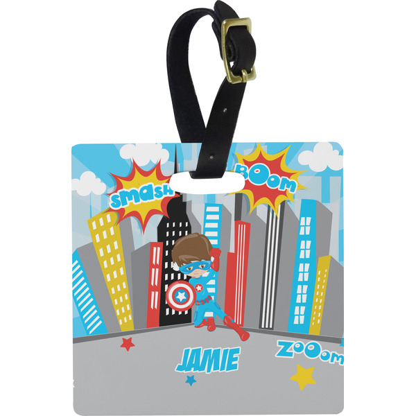 Custom Superhero in the City Plastic Luggage Tag - Square w/ Name or Text