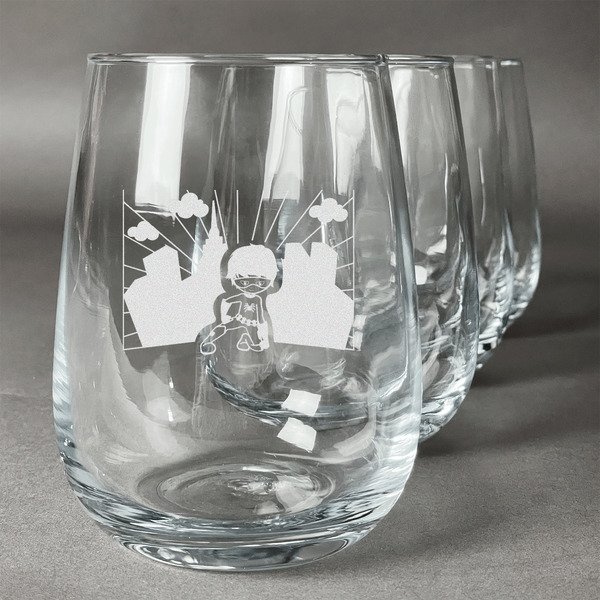 Custom Superhero in the City Stemless Wine Glasses (Set of 4)
