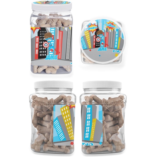 Superhero in the City Pet Treat Jar - Multiple Angles
