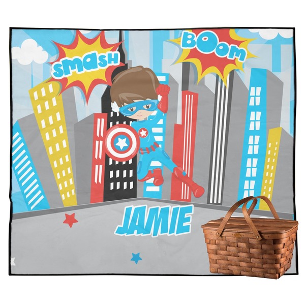 Custom Superhero in the City Outdoor Picnic Blanket (Personalized)