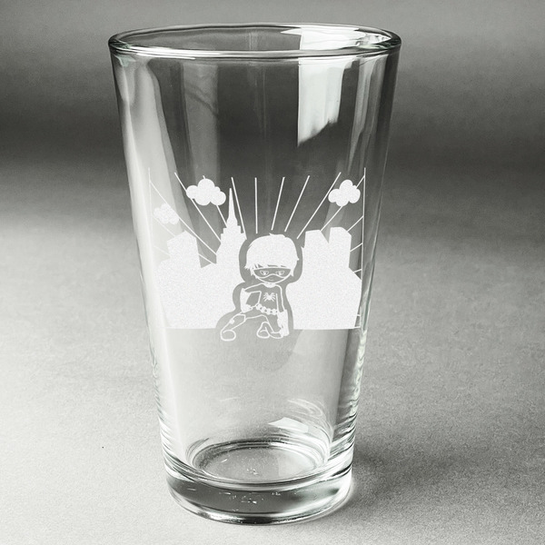 Custom Superhero in the City Pint Glass - Engraved (Single)