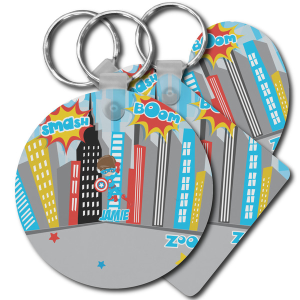 Custom Superhero in the City Plastic Keychain (Personalized)