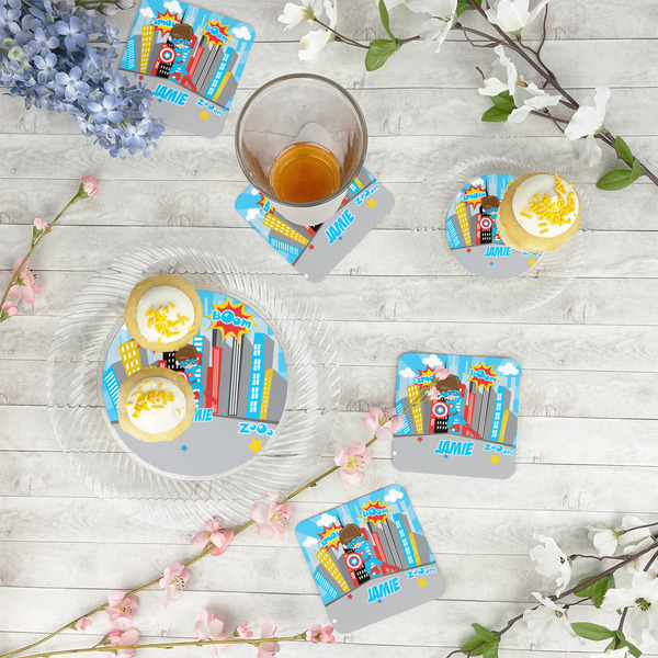 Superhero in the City Plastic Party Appetizer & Dessert Plates - In Context