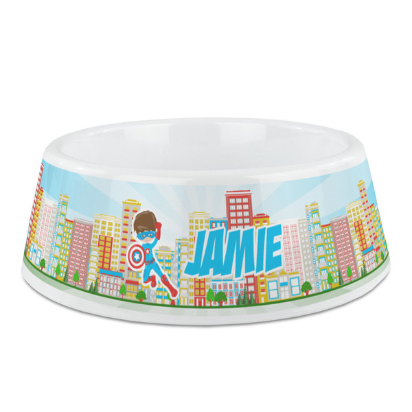 Custom Superhero in the City Plastic Dog Bowl - Medium (Personalized)