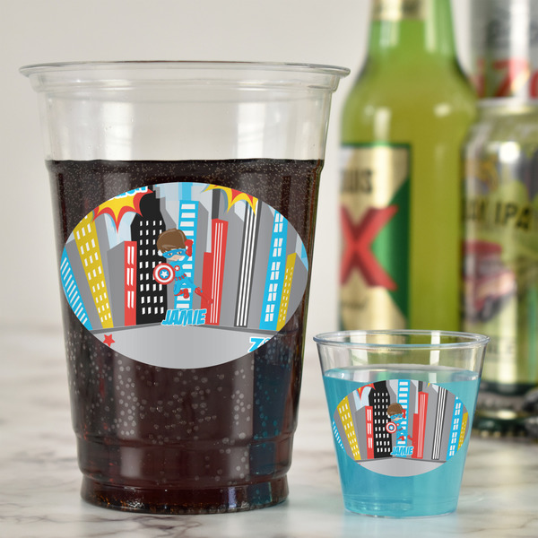 Superhero in the City Plastic Shot Glasses - In Context