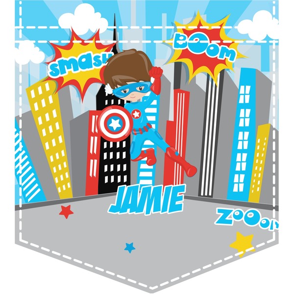 Custom Superhero in the City Iron On Faux Pocket (Personalized)