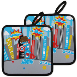 Superhero in the City Pot Holders - Set of 2 w/ Name or Text