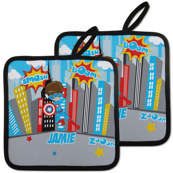 Custom Superhero in the City Pot Holders - Set of 2 w/ Name or Text