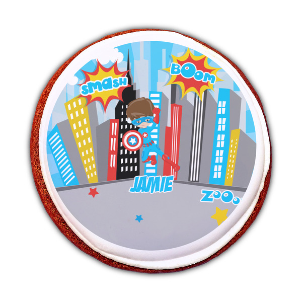 Superhero in the City Printed Icing Circle - Medium - On Cookie