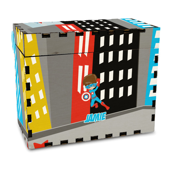 Custom Superhero in the City Wood Recipe Box - Full Color Print (Personalized)