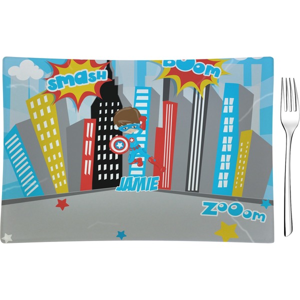 Custom Superhero in the City Glass Rectangular Appetizer / Dessert Plate (Personalized)