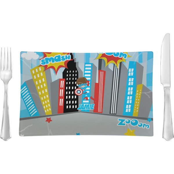 Custom Superhero in the City Rectangular Glass Lunch / Dinner Plate - Single or Set (Personalized)