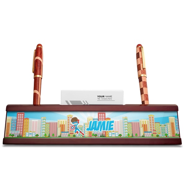Superhero in the City Red Mahogany Nameplates with Business Card Holder - Straight